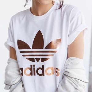 Adidas rose gold double logo white tee